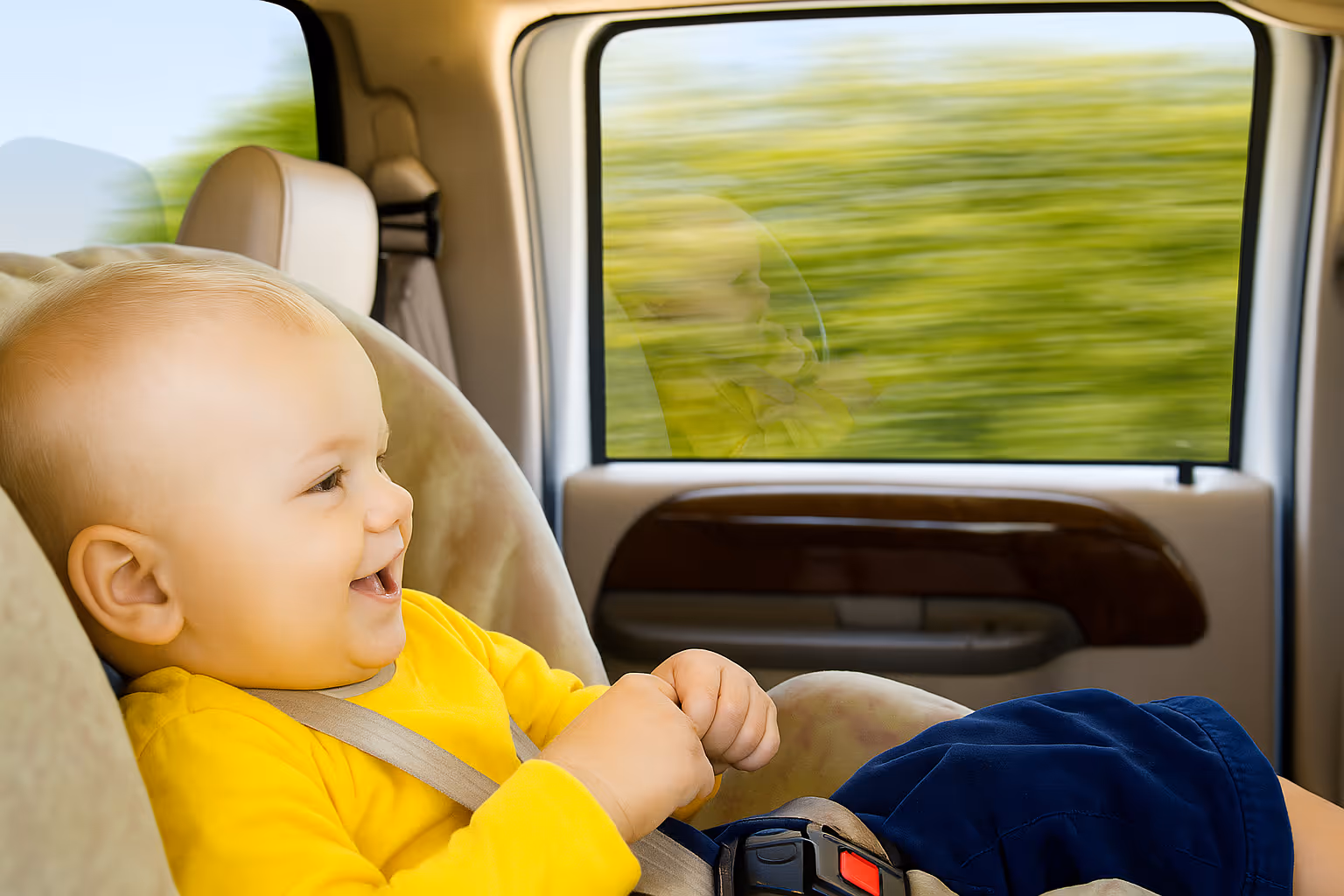 Baby travelling safely in a child seat.