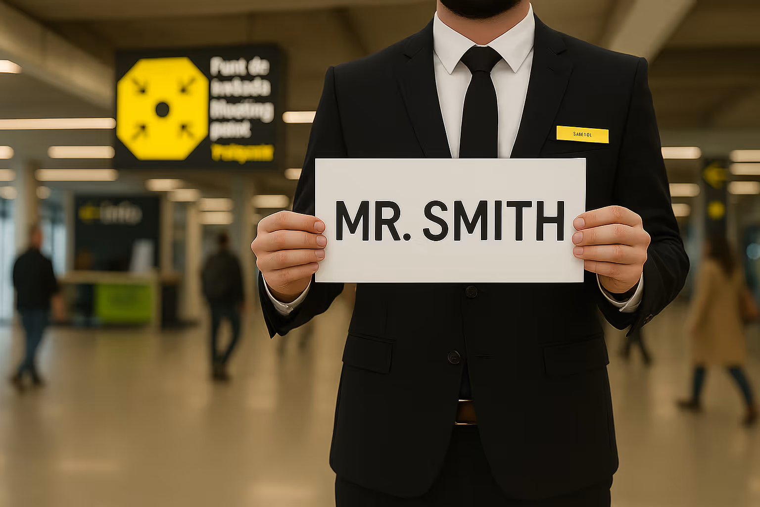 Driver waiting at the arrivals hall with a name sign.