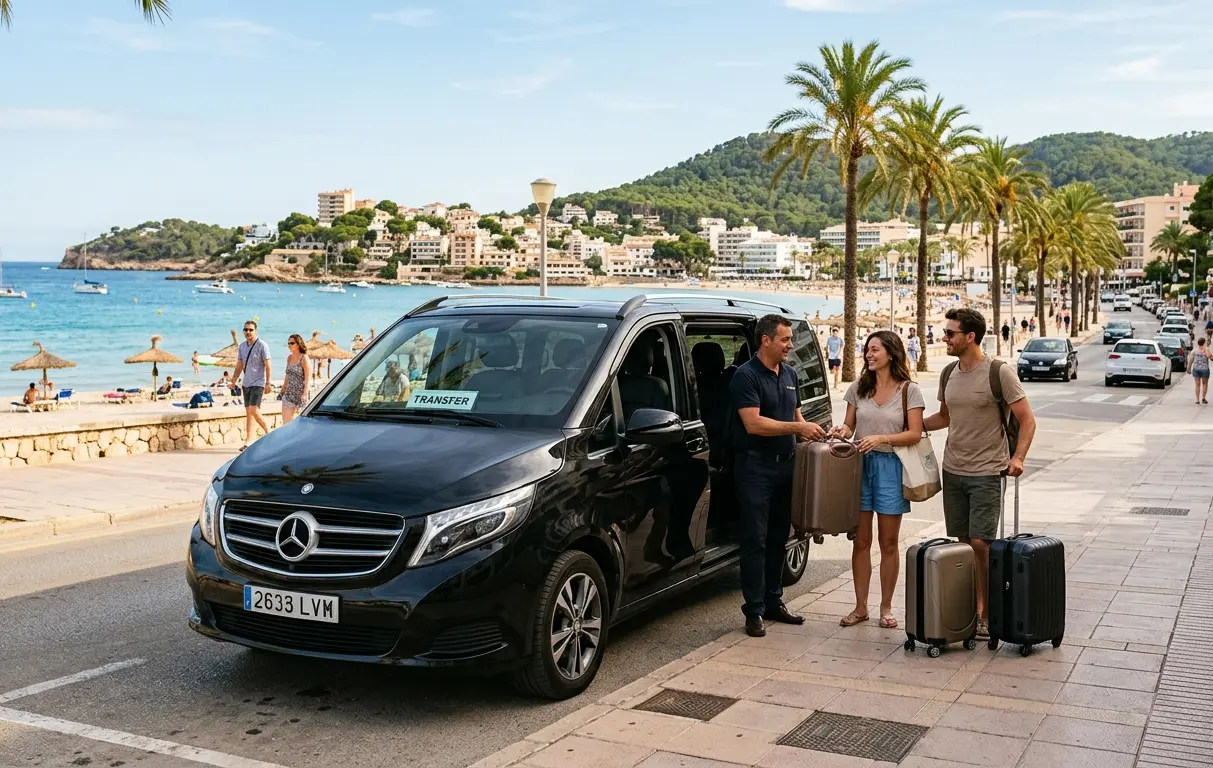 Privater Transfer vom Flughafen Palma nach Peguera: Meeting Point (Säule 5), Flugverfolgung und Tür-zu-Tür-Ankunft ohne Unsicherheit.